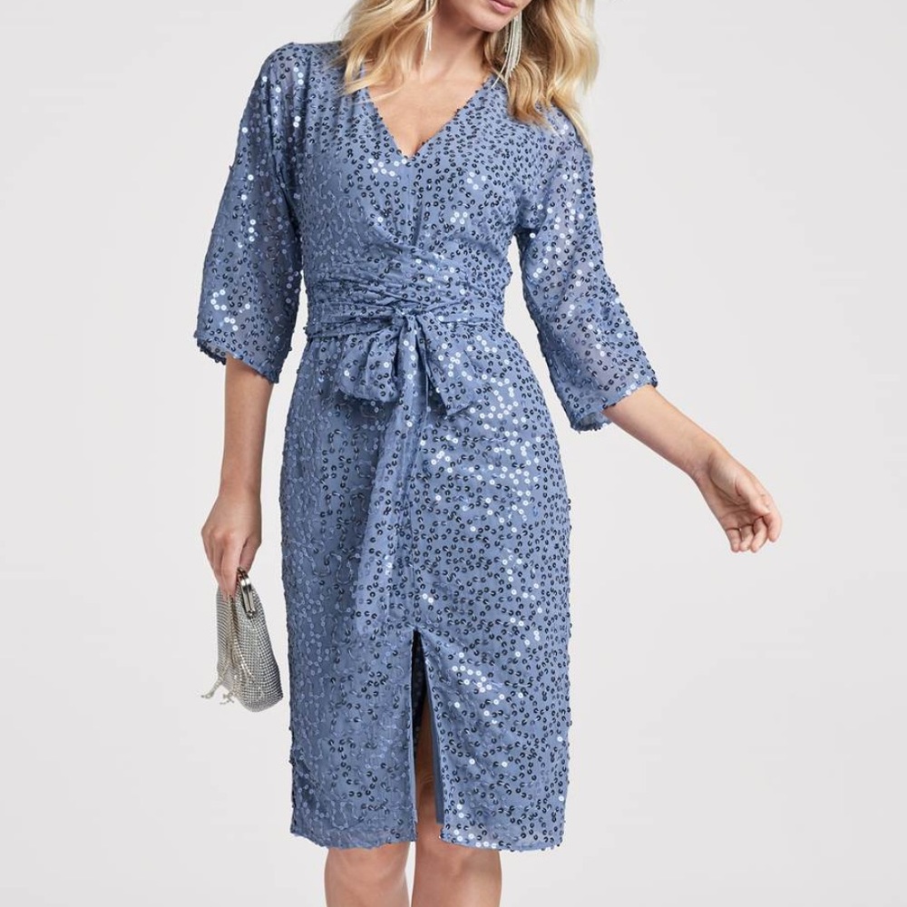 NWOT, VENUS, blue sequin knee length tie-front dress, size 4